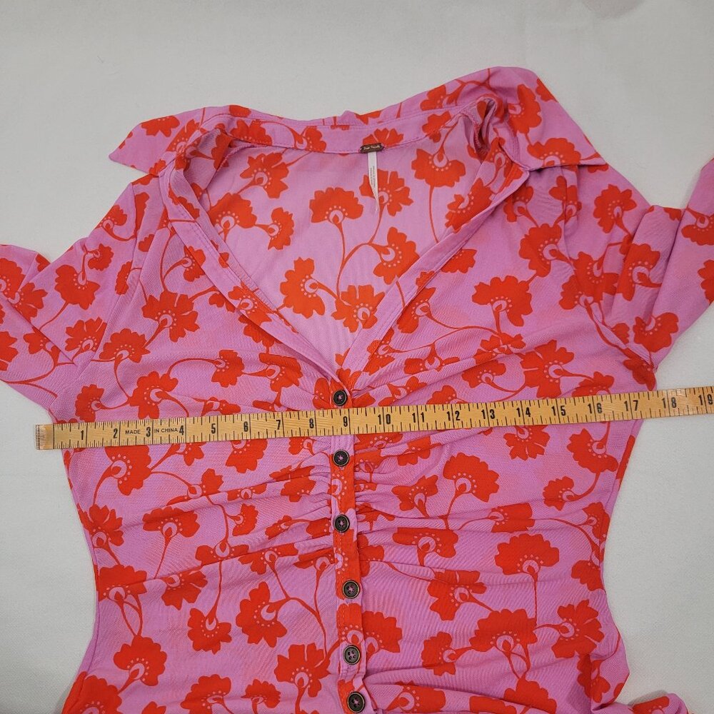 FREE PEOPLE Womens Shirt Sz L Lucky Shirtee Sheer Mesh PINK Floral Button Up - Picture 8 of 13